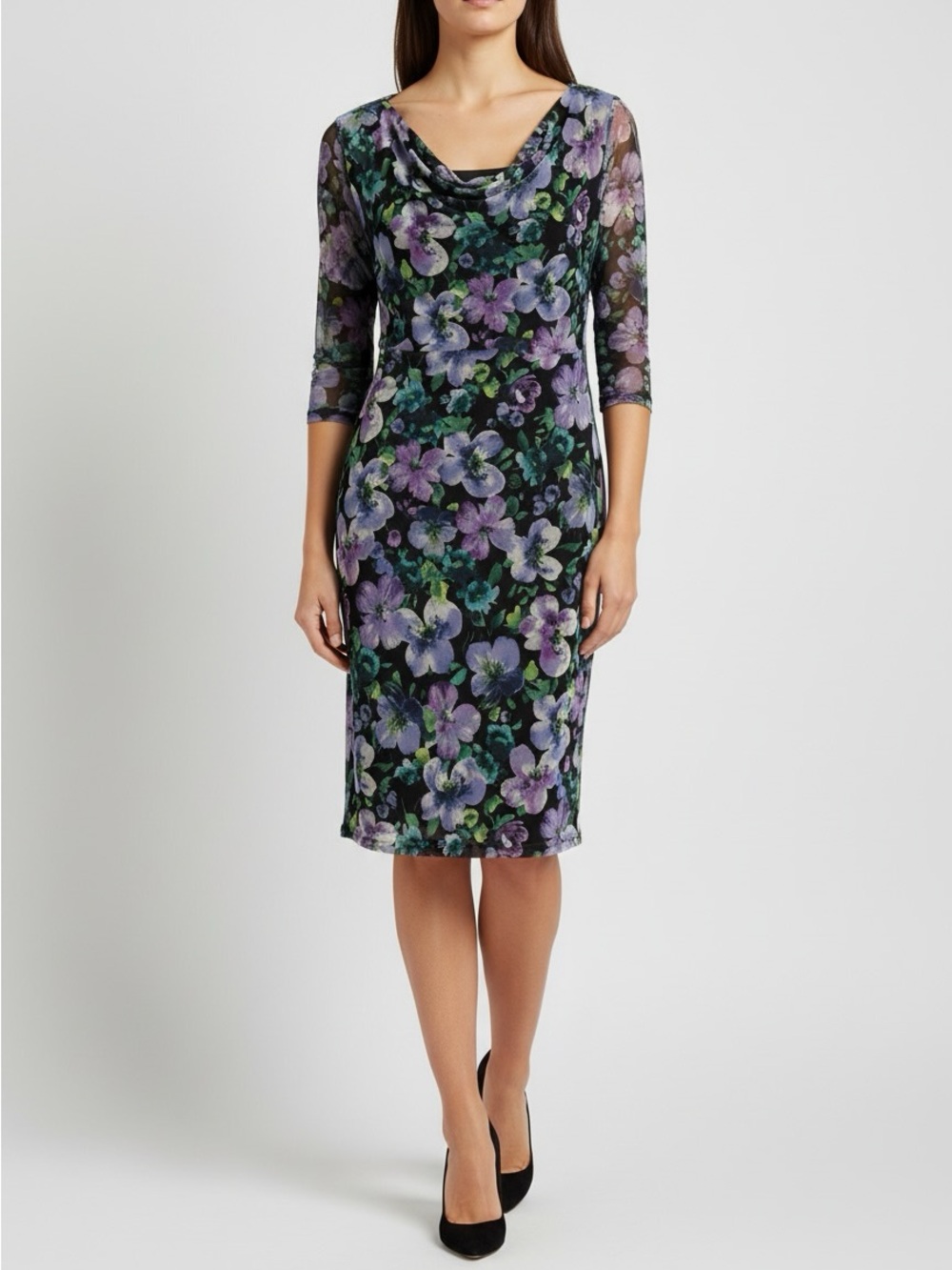 New Connected apparel Black Floral Cowl Neck Midi Dress  size 16 W